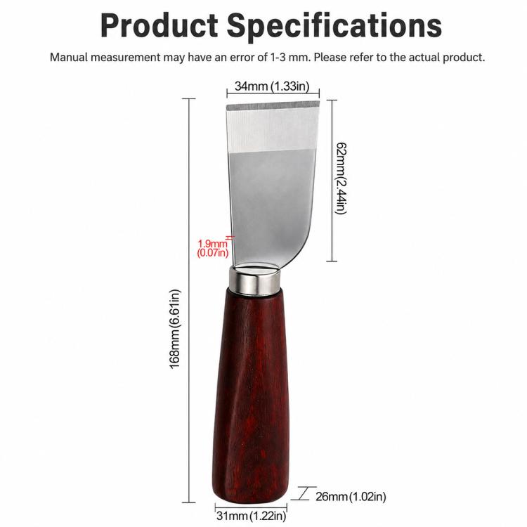 Leather cutter tool dimensions diagram with stainless blade and dark wood handle