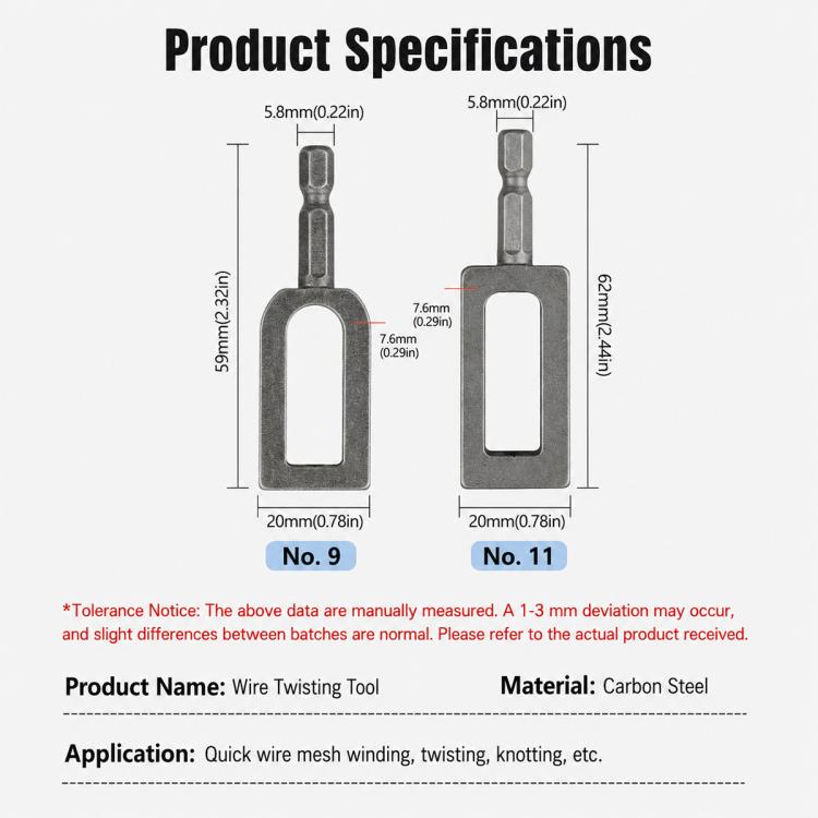 Wire twisting tool silhouettes showing hex shank and loop head sizes