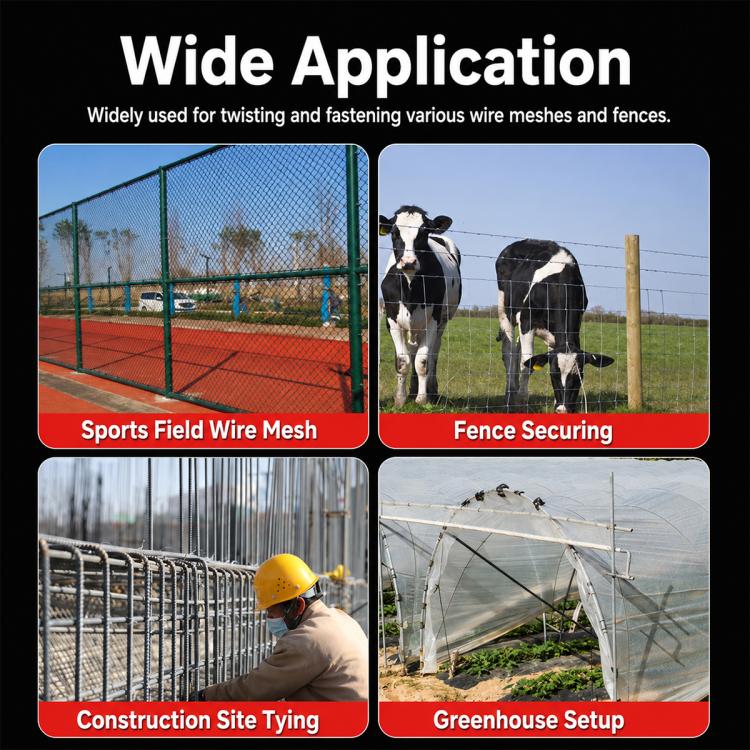 Wire twisting tool shown in fencing and wire mesh application scenes