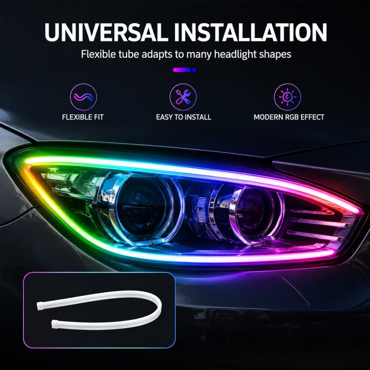 Universal installation: RGB LED strip glowing along a headlight with installation inset