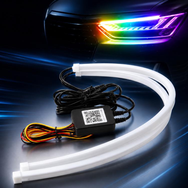 Lit RGB LED strip and controller module mounted at front headlight