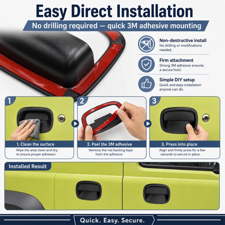 Matte black adhesive inside door handle cover set, shown during installation