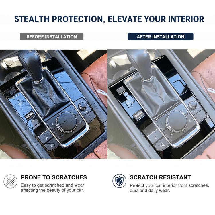 Car gear position panel sticker set, before-and-after on center console trim