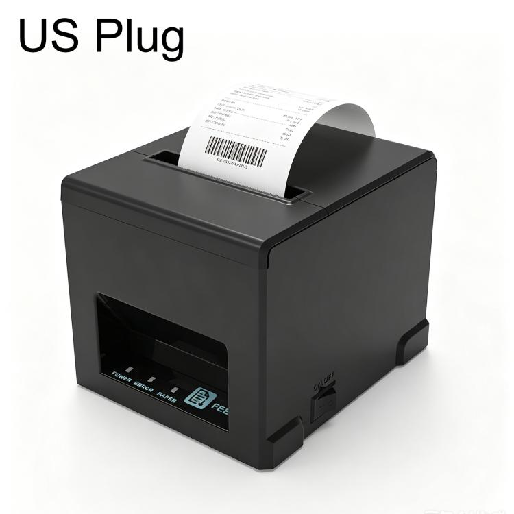 Black thermal receipt printer with US plug, front paper feed slot and status panel