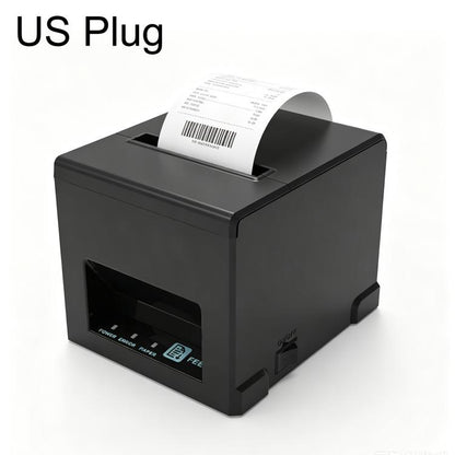 Black thermal receipt printer with US plug, front paper feed slot and status panel