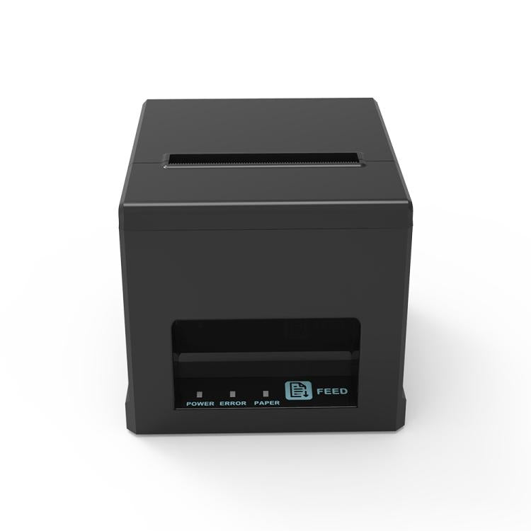 Black thermal receipt printer with rear paper exit slot and front status buttons