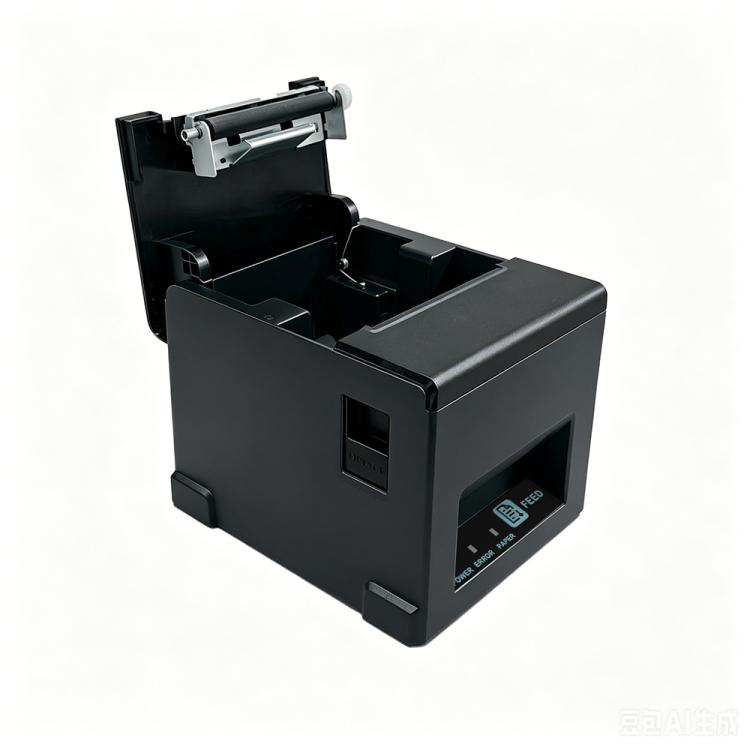 Black thermal receipt printer with open lid, showing paper roll compartment