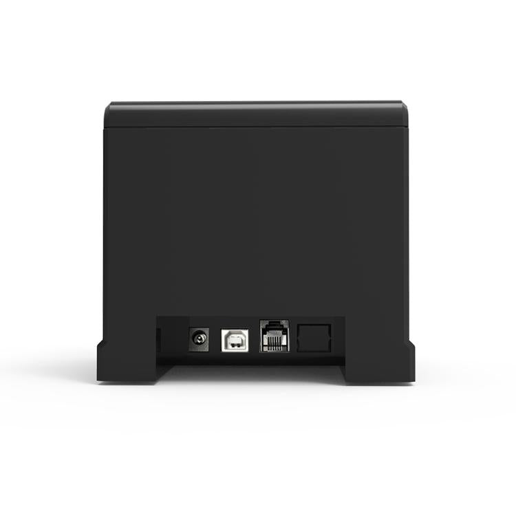 Black thermal receipt printer rear panel with power and network/USB ports