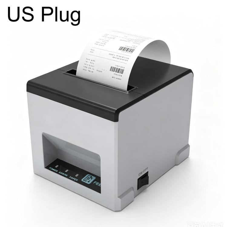 Grey thermal receipt printer with US plug, front paper feed slot and status panel