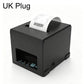 Black thermal receipt printer with UK plug, front paper feed slot and status panel