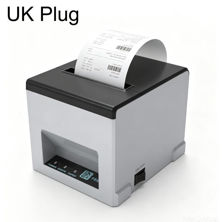 Grey thermal receipt printer with UK plug, front paper feed slot and status panel