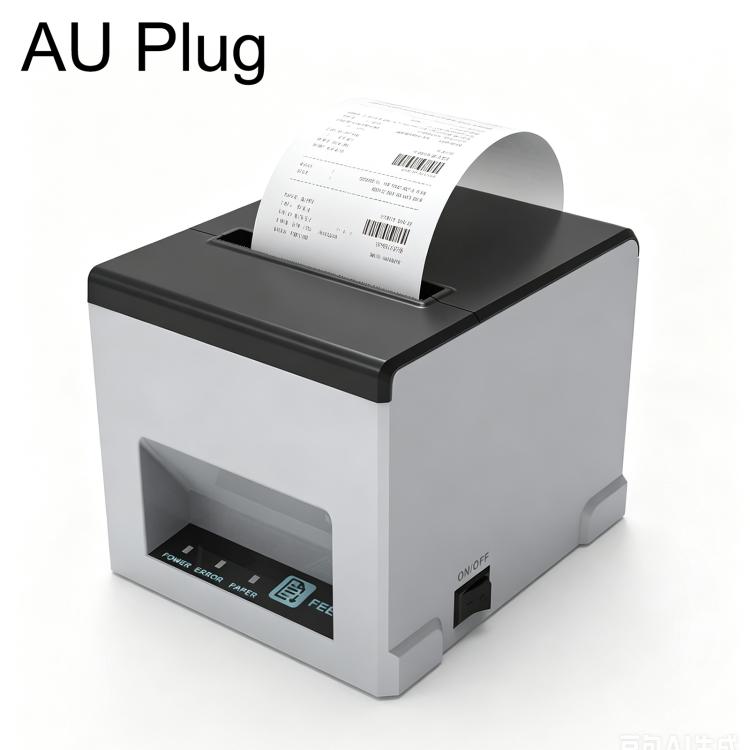 Thermal receipt printer with AU plug, front view and paper roll loaded in tray