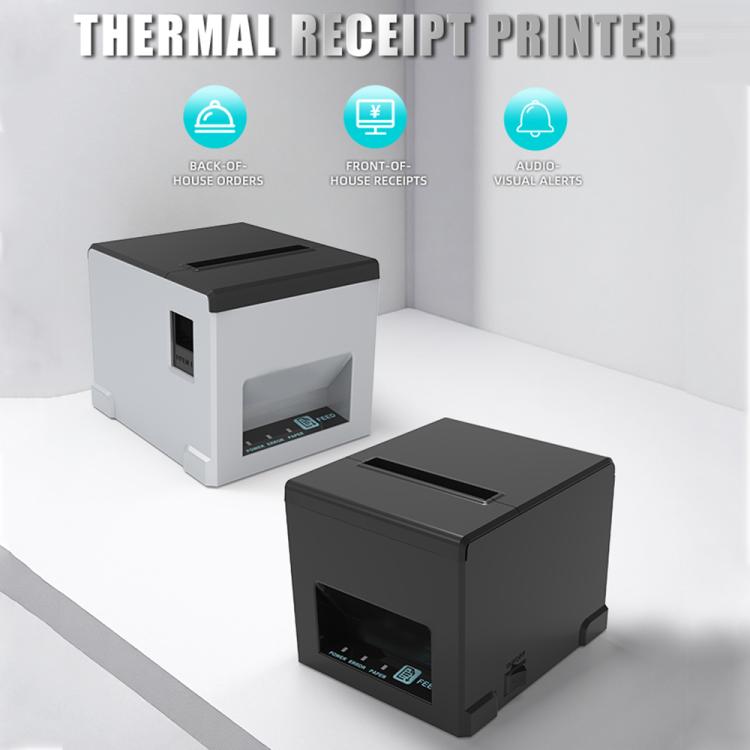 Thermal receipt printer with black casing, showing front display and paper compartment