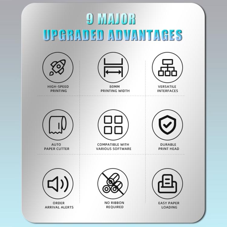 Thermal receipt printer feature icons card with 9 upgraded advantages