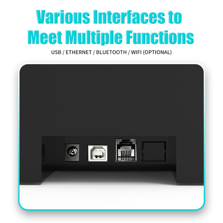 Thermal receipt printer rear ports panel showing USB, Ethernet, Bluetooth, and WiFi (optional)
