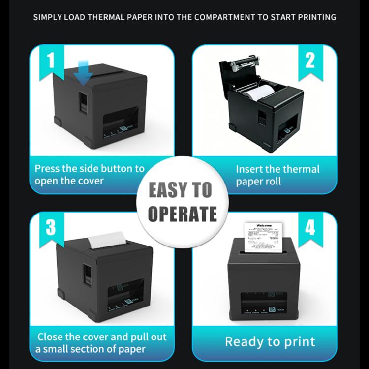 Thermal receipt printer easy paper loading steps with numbered cover actions