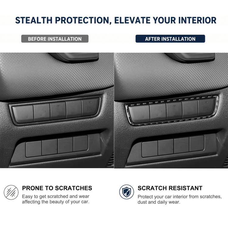Carbon fiber parking sensor switch panel trim shown before and after installation