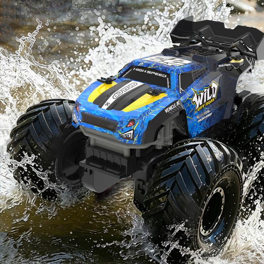 Blue armored amphibious RC car with black roll cage and large off-road tires