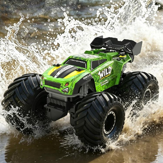 Green armored amphibious RC car with black roll cage and rugged tread tires