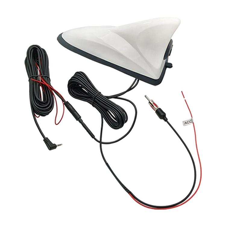 White shark-fin car antenna with AHD camera and wiring harness cables
