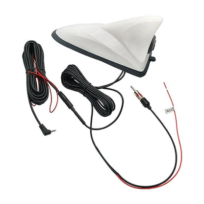 White shark-fin car antenna with AHD camera and wiring harness cables
