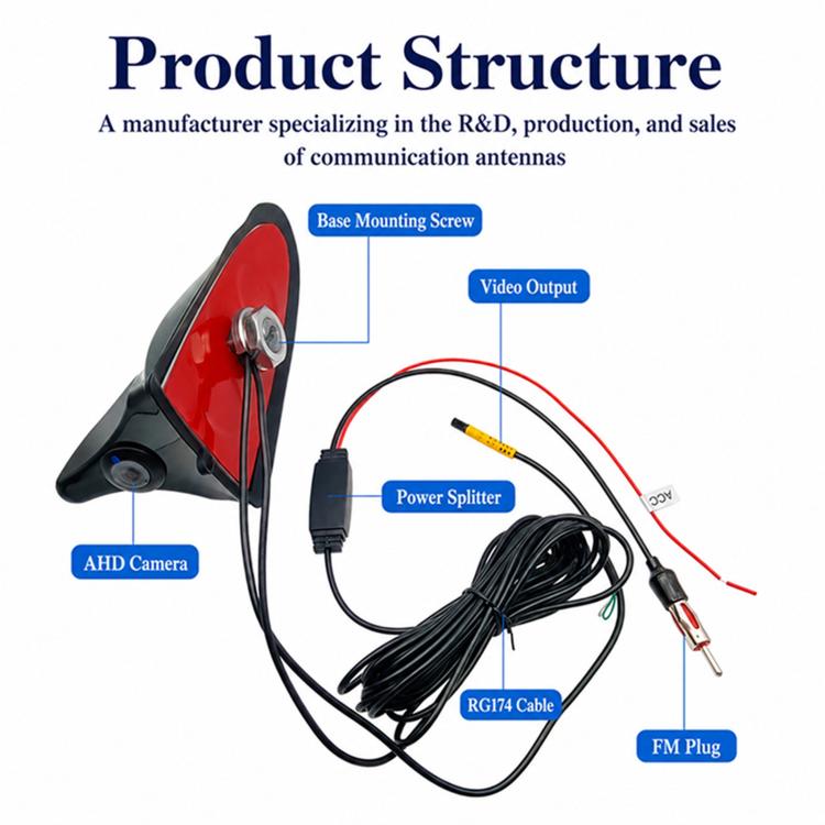 Red-and-black shark-fin AHD camera antenna with FM plug and RG174 cable