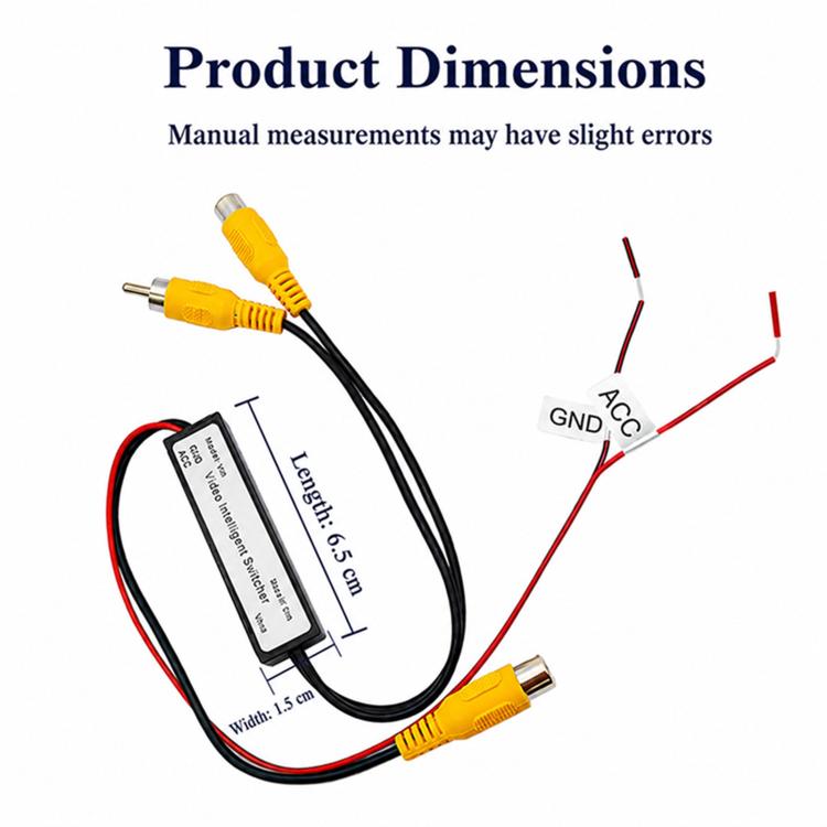 Video adapter cable with inline switcher module, yellow RCA connectors, and red/black leads