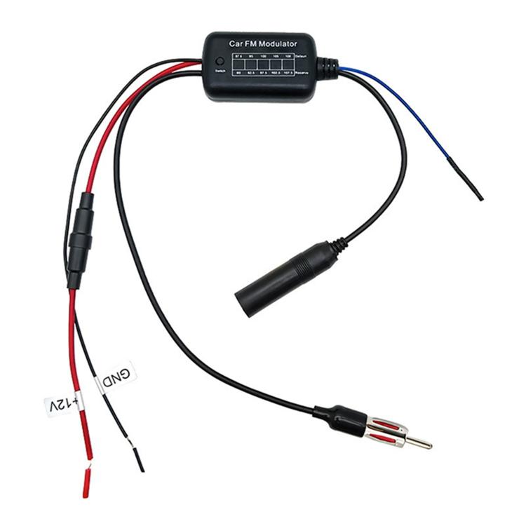 Car FM modulator audio selector with wiring harness and antenna connection plug