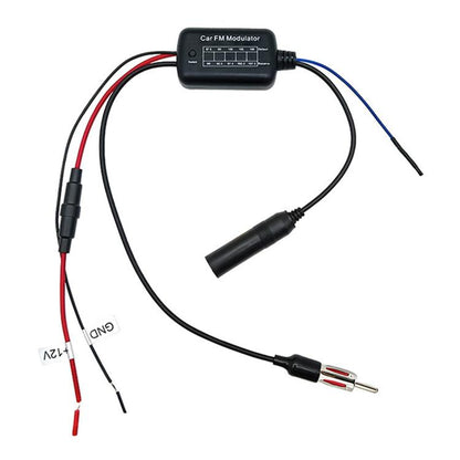 Car FM modulator audio selector with wiring harness and antenna connection plug