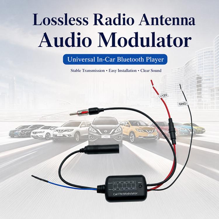 In-car audio modulator kit with controller box and power/antenna cable leads