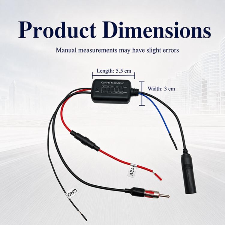 Car audio modulator with black housing and red and blue power/antenna wiring