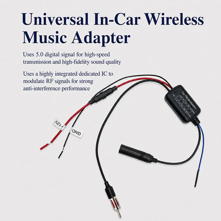 Wireless music adapter with black audio modulator box and cable with RCA-style plug