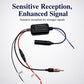 Car FM modulator with antenna wire, power lead, and black signal control unit