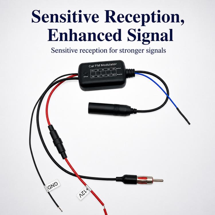 Car FM modulator with antenna wire, power lead, and black signal control unit