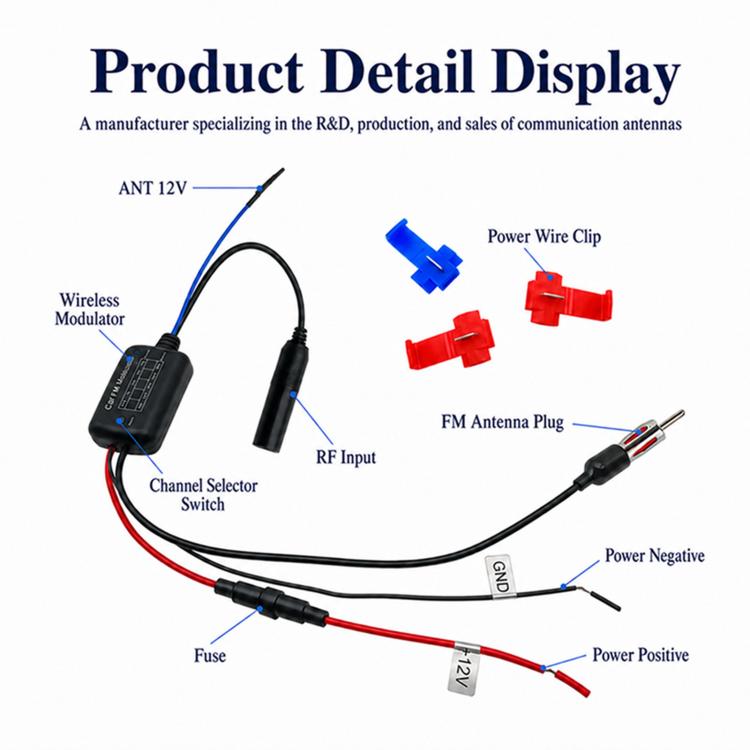 Car antenna audio modulator detail with channel selector switch and power/antenna plugs