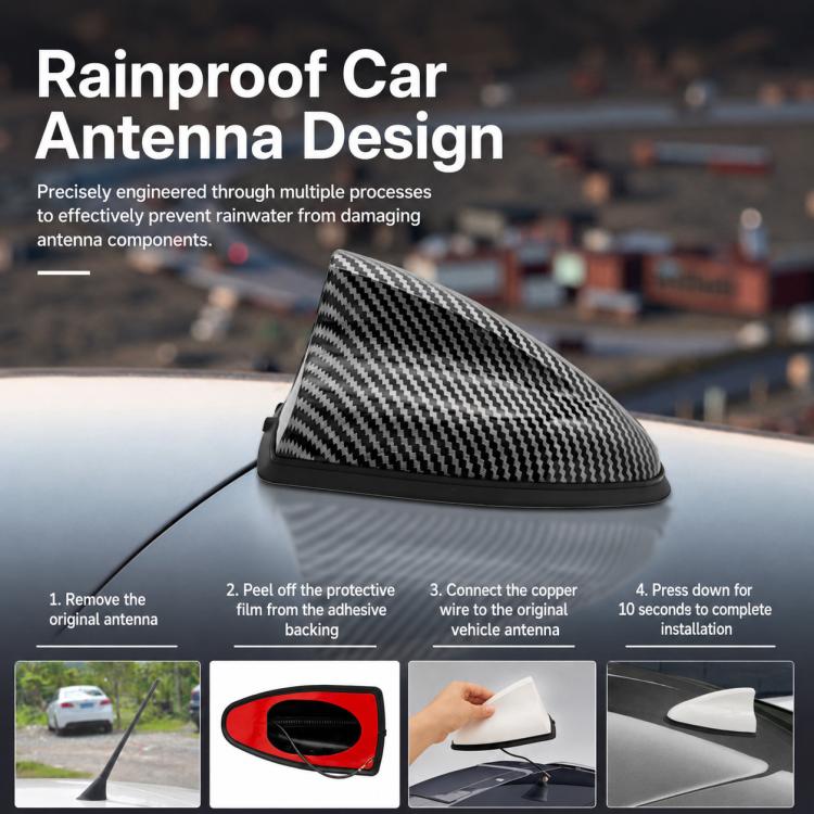 Carbon fiber shark fin car antenna mounted on a vehicle hood