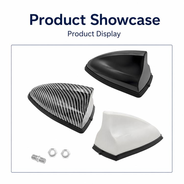Shark fin car antenna set in black, white, and carbon fiber finishes