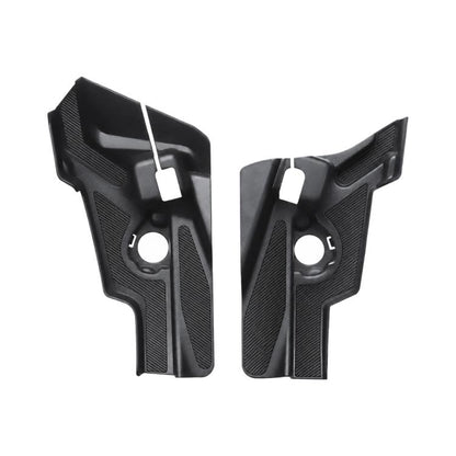 Pair of black plastic hood gutter protective covers with cutouts and mounting holes