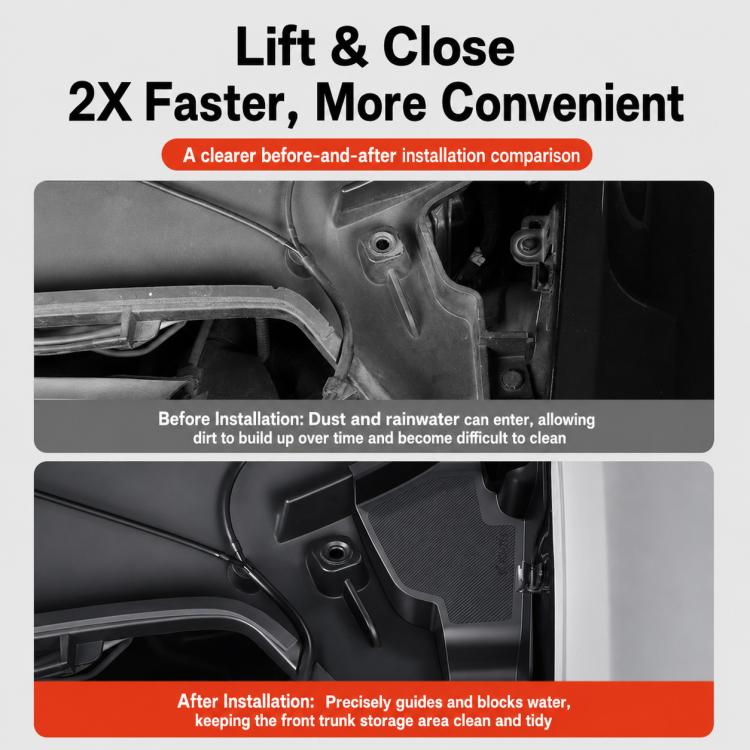 Black molded protective cover with guides for easier installation over front trunk panel