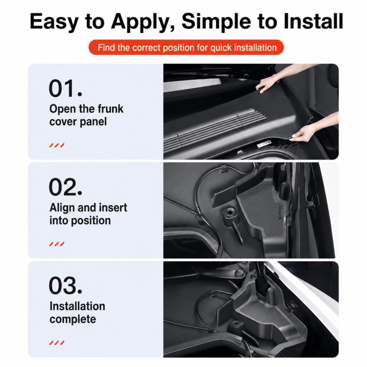 Step-by-step installation of black front trunk cover insert panels