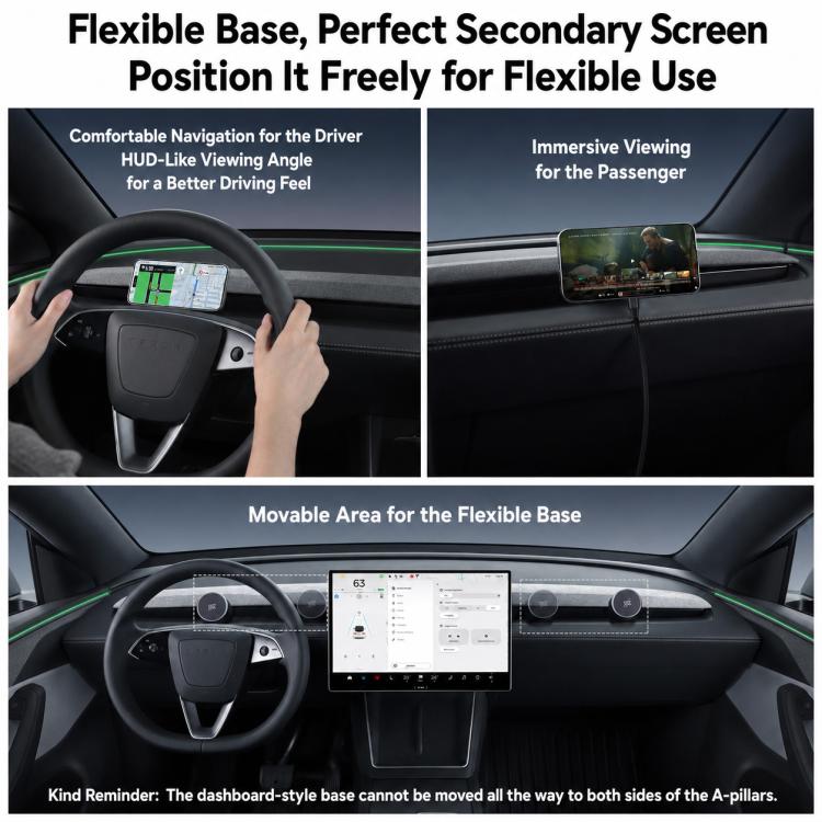 Magnetic phone holder with flexible base on dashboard, holds phone in landscape view