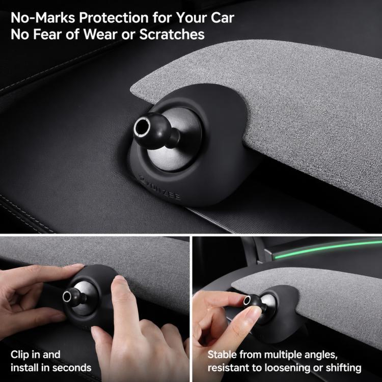 Black magnetic phone holder base on car seat edge with no visible marks