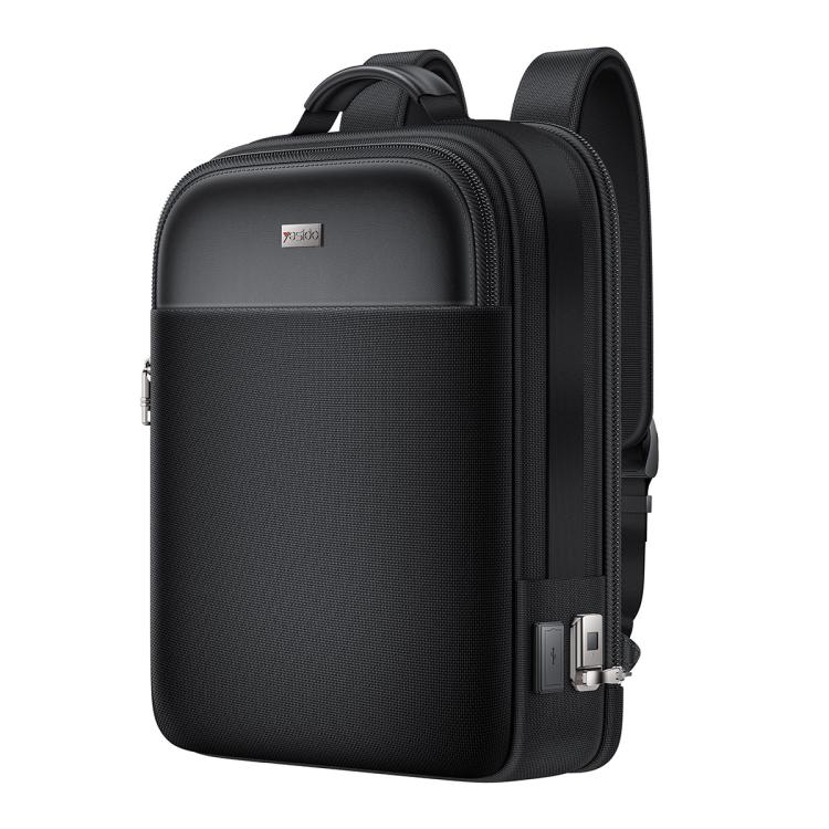 Black smart backpack with fingerprint lock front panel and zippered pocket