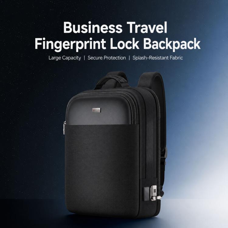 Black smart backpack 3/4 view with side handle and lock hardware
