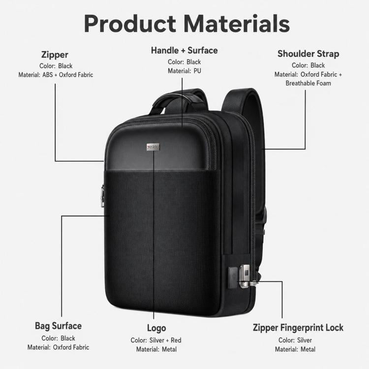 Black smart backpack with fingerprint lock and front logo