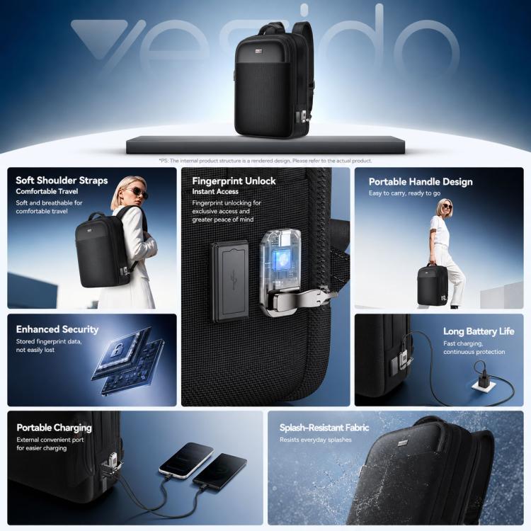 Black smart backpack standing upright with fingerprint lock panel detail