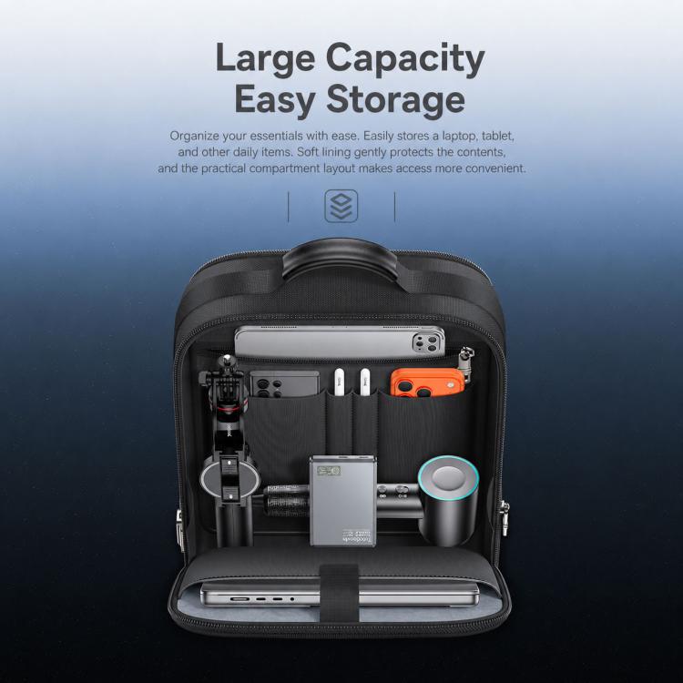 Black backpack open top showing organized interior compartments