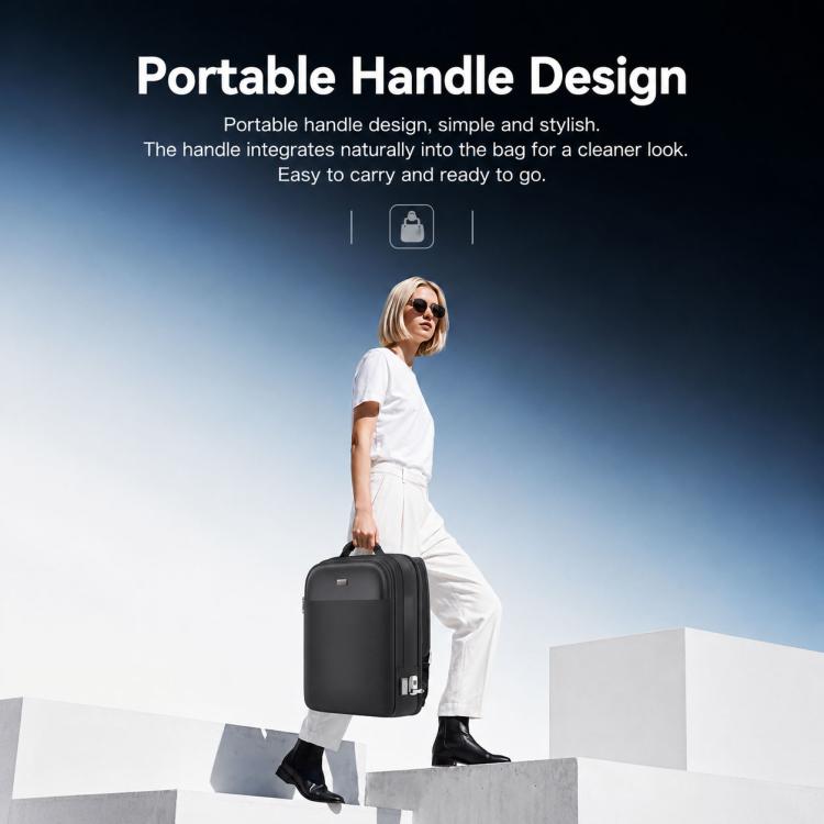 Black smart backpack with portable carry handle, front lock hardware visible