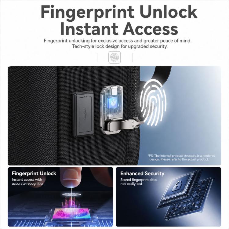 Black backpack fingerprint lock module with illuminated fingerprint sensor