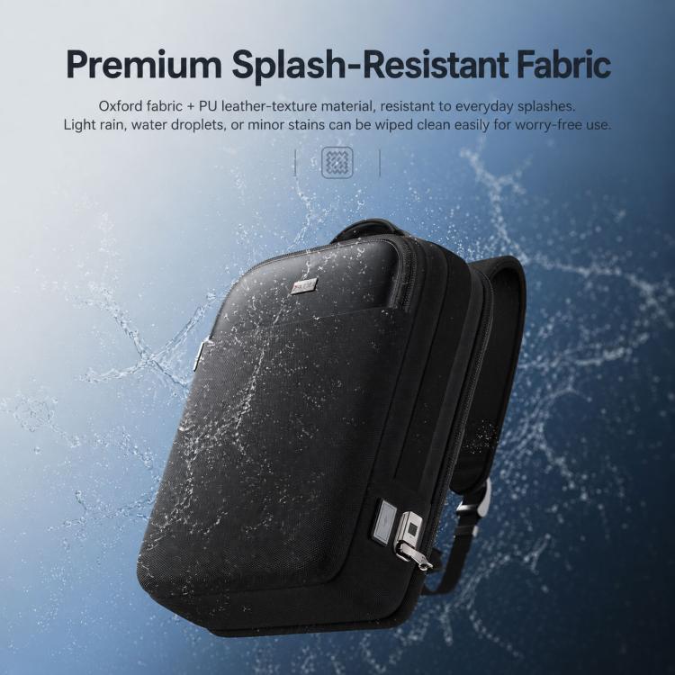 Splash-resistant black backpack with fabric texture and side zipper lock hardware